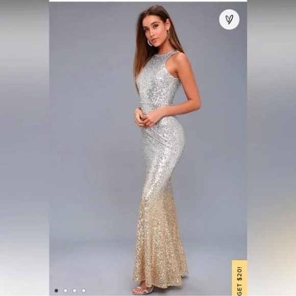 Lulus Infinite Dreams Ombre Sequin Trumpet Maxi Dress Gown Gold/Silver - Picture 3 of 12